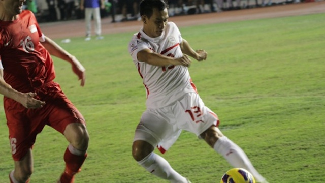 AZKALS CAPTAIN Chieffy Caligdong scores the second goal. Photo by Mark Cristino, Soccer Central Philippines