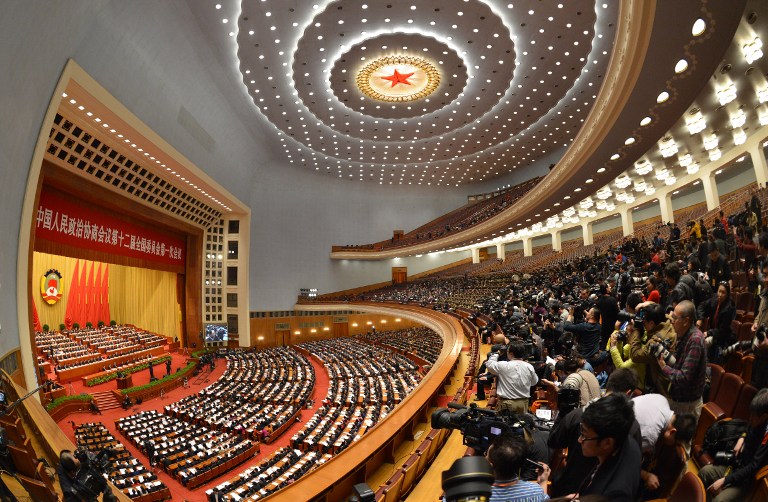 View of the Great Hall of the People during the opening session of the Chinese People's Political Consultative Conference (CPPCC) at the Great Hall of the People in Beijing on March 3, 2013. AFP PHOTO/Mark RALSTON