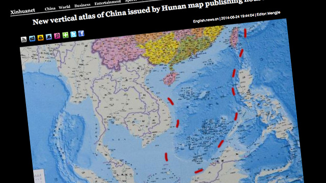 NEW MAP. A new Chinese map published June 2014 shows a 10-dash line to claim virtually the entire South China Sea. Screen grab from news.xinhuanet.com/Image edited by Rappler