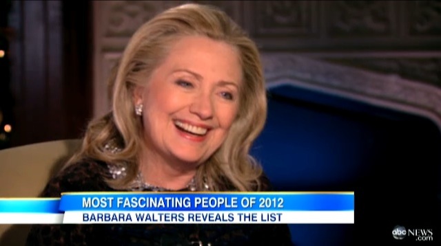 US Secretary of State Hillary Clinton laughs during an interview with ABC News' Barbara Walters, aired December 12, 2012. Frame grab courtesy of ABC News.