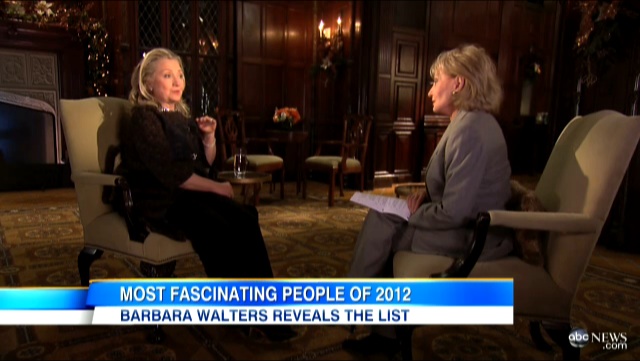 US Secretary of State Hillary Clinton speaks during an interview with ABC News' Barbara Walters, aired December 12, 2012. Frame grab courtesy of ABC News.