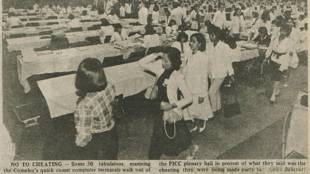 WALKOUT. Comelec employees walked out during the quick count of votes in the 1986 snap elections. Photo from http://definitelyfilipino.com