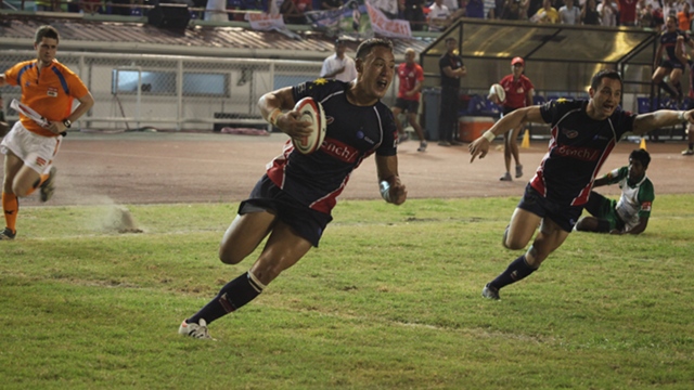 FINAL TRY. Justin Coveney scored the Volcanoes' final try of the game to seal their win against Sri Lanka. April 21, 2012. Adrian Portugal.