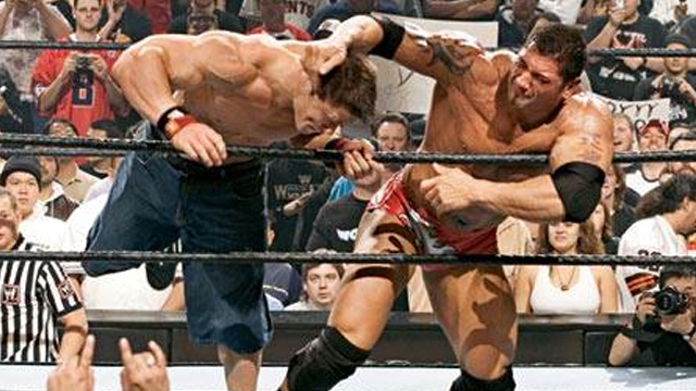 THE ANIMAL RETURNS. Batista tosses John Cena over the top rope to win the 2005 Royal Rumble. Will Batista repeat that feat later this month? Photo courtesy Batista's official Facebook page