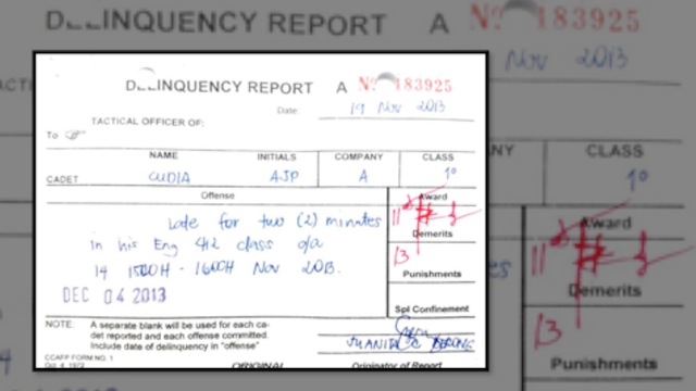 ORIGINAL SIN: The delinquency report for Cadet Jeff Cudia's tardiness
