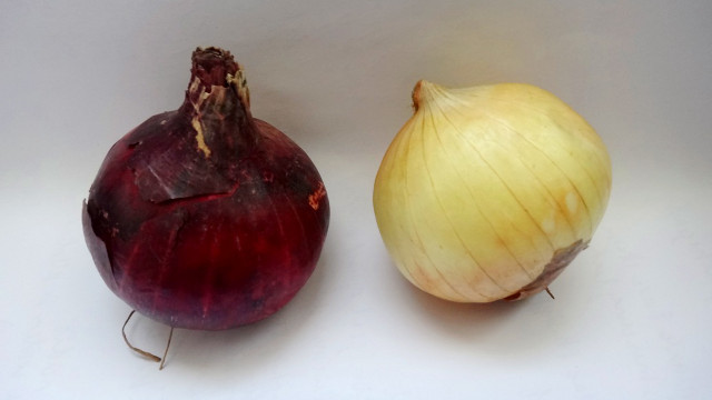 DIFFERENT COLORS FOR DIFFERENT BLOOD TYPES. The red onion on the left is better-suited for people with blood types O or B, while the white onion is recommended for types A and AB