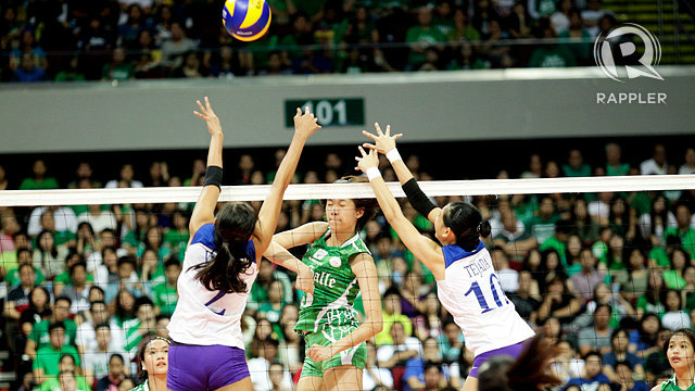UNSTOPPABLE. Mika Reyes of the De La Salle University Lady Spikers spikes home one of her 13 points en route to a straight set domination of rival Ateneo de Manila University Lady Eagles on Sunday afternoon at Mall of Asia Arena. Photo by Josh Abeleda