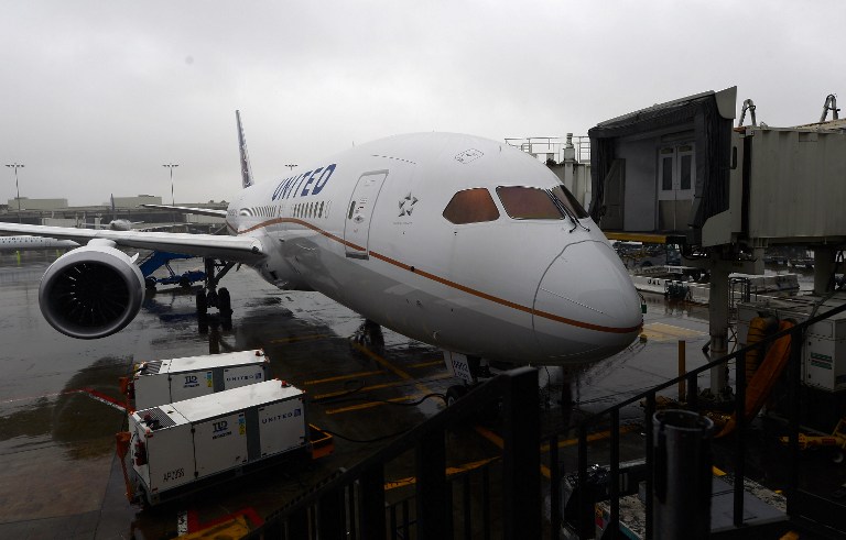 The United Airlines Boeing 787 Dreamliner sits a a gate for a tour at Los Angeles International Airport on November 30, 2012 in Los Angeles, California. Kevork Djansezian/Getty Images/AFP