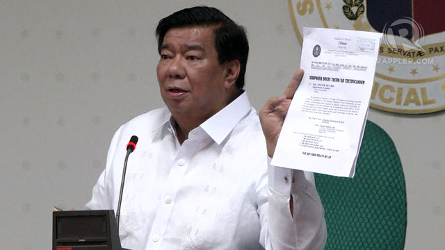 'GOV'T OF LAWS.' Senate President Franklin Drilon will not sign the subpoena issued by Sen Guingona for Janet Napoles, deferring to the advice of the Ombudsman. Instead, he signs a subpoena for Justice Secretary Leila de Lima and the whistleblowers. Photo by Franz Lopez/Rappler 