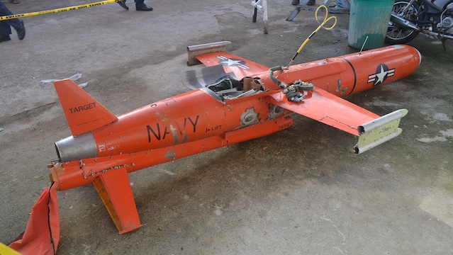 ADRIFT AT SEA. Military officials believe the drone was 'long adrift at sea due to the presence of barnacles’ growth on its fuselage.' Photo courtesy of Naval Forces Southern Luzon