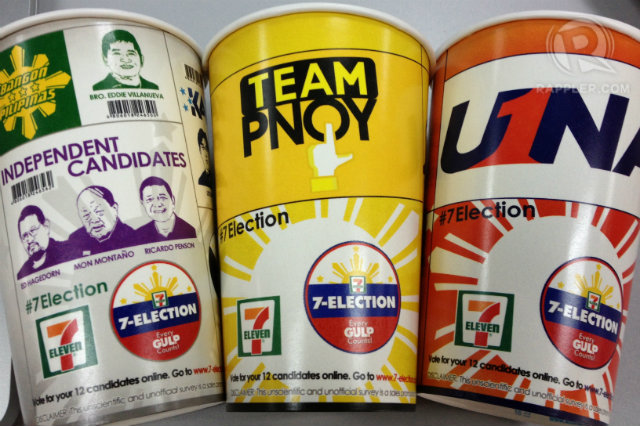 ELECTION CUPS. The 7-Election promo of 7/11 features three cups containing the list and caricatures of the various senatorial candidates running for the 2013 Elections. Photo by Cai Ordinario