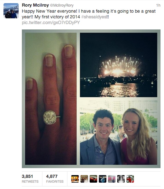 ENGAGED. Golf star Rory McIlroy and former women's tennis world number one Caroline Wozniacki are engaged. Photo from McIlroy's Twitter account