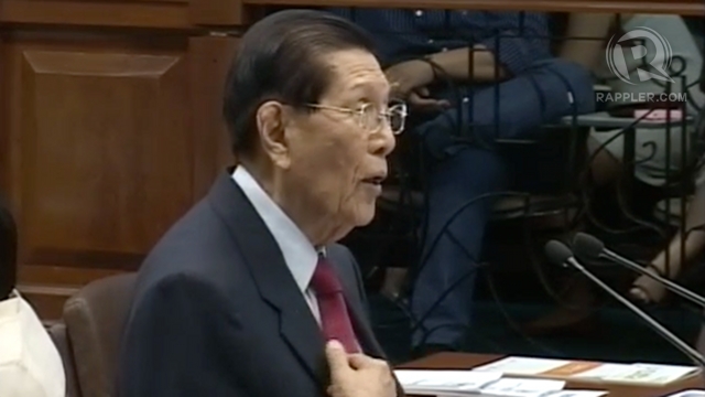 COWARDS, HYPOCRITES. Enrile says he is way too old to be threatened by "cowards and hypocrites" and offers to give up his post but the Senate votes against his motion. 