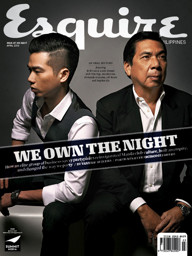 PARTYPHILES. 'Kings of Manila nightlife' Erik Cua and Louie Ysmael on the April cover of Esquire Philippines. Images courtesy of Esquire Philippines