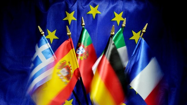NOBEL PEACE PRIZE. The flags of European countries are displayed in front of a flag of the European Union, winner of this year's Nobel Peace Prize. Photo from AFP