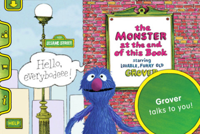 WHO'S THAT MONSTER? 'The Monster at the End of This Book' is written by Jon Stone and illustrated by Michael Smollin. The original book was released in 1971 by Golden Books, USA. The iOS App was released in January 2011. Screen shot from the iTunes app store