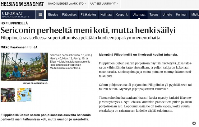 Screenshot of the November 12, 2013 home page of Helsingin Sanomat, a newspaper in Finland 