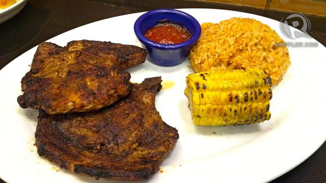 SOUTHWESTERN BBQ RUBBED PORKCHOPS. They call it 'rubbed' because the chops are rubbed with Size Matters' own secret recipe butter before they are grilled. The dish was developed by Chef Anselmo Schotwell for patrons who were asking for rice dishes.