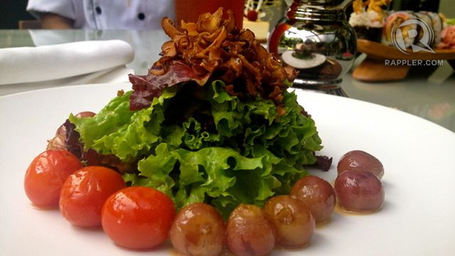 ROASTED GRAPES AND TOMATO SALAD. Kai's vegetarian best-seller topped with deep fried shiitake mushrooms. Very tasty and rich in texture. Those cherry tomatoes burst in your mouth. Love the sweet and spicy sesame dressing, too.