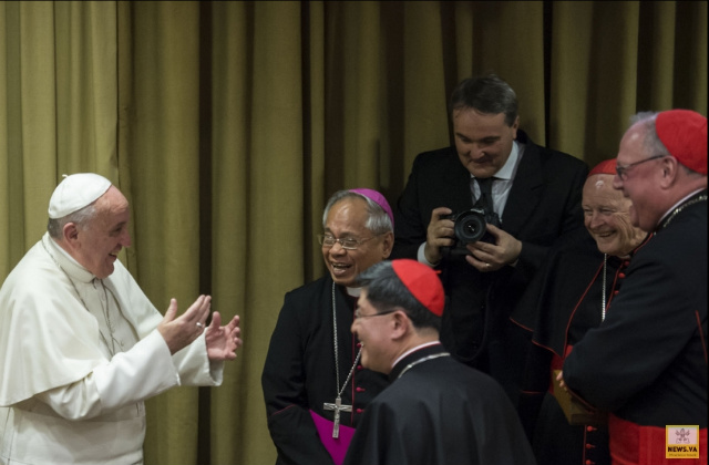 OLD FRIENDS. Pope Francis (1st from left) chats with Cardinals Orlando Quevedo (2nd) and Luis Antonio Tagle (3rd) during a meeting of cardinals in Vatican City in February. File photo from news.va