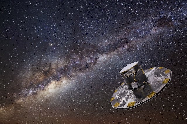 SURVEYING THE MILKY WAY. Artist's depiction of the Gaia telescope mapping the stars of the Milky Way. Image released 28 April 2004 by the ESA/ATG medialab; background: ESO/S. Brunier