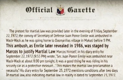 OFFICIAL RECORD. No less than the Official Gazette quotes Enrile as saying his ambush was staged.