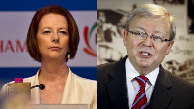 Gillard photo: AFP/ Manan Vatsyayana; Rudd photo: AFP/Patrick Hamilton