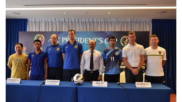 ALL SET. Global and their opponents in the President's Cup during the pre-match press conference. Photo from Global FC Facebook page.