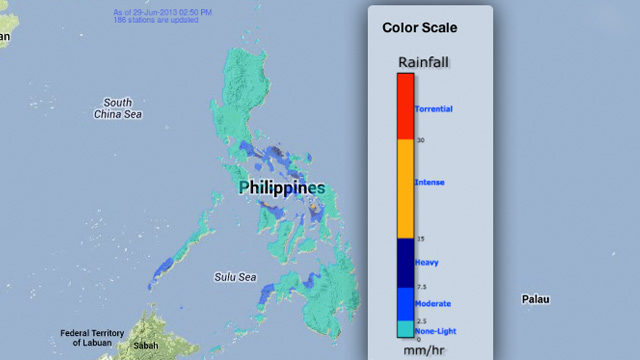 RAINFALL. Amount of rainfall as of 2:50 PM of June 29, 2013. Screengrab from http://noah.rappler.com