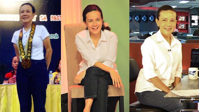 PUMP IT UP. Grace Poe puts together collared white tops, jeans and black pumps. Photos from the Grace Poe Facebook page