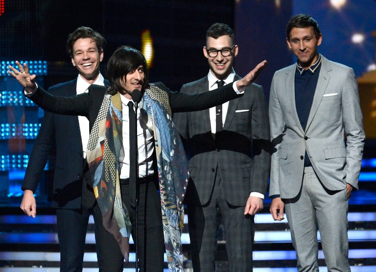 Producer Jeff Bhasker (2nd L, speaking) with musicians (L-R) Nate Ruess, Jack Antonoff and Andrew Dost of fun. accept Song of the Year award for "We Are Young" onstage at the 55th Annual GRAMMY Awards at Staples Center on February 10, 2013 in Los Angeles, California. Kevork Djansezian/Getty Images/AFP