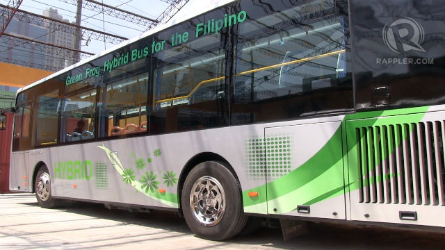 GREEN RIDE. A Green Frog hybrid bus is parked at the depot, waiting for LTFRB certification. The bus runs on both diesel and electric engines simultaneously. Photo by Rappler/Zak Yuson