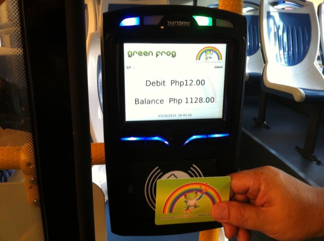 CASHLESS PAYMENT. Green Frog buses will utilize a tap card cashless payment system. A one way fare costs P12 and stored cards will be sold for P120. Photo courtesy of Green Frog's Facebook page