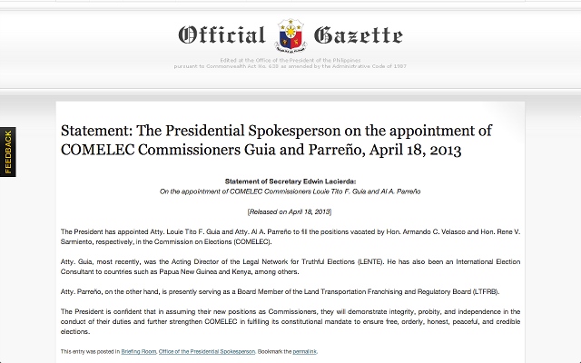 WRONG SPELLING. The Palace wrongly spells the name of one of its new Comelec appointees. Screen grab from gov.ph