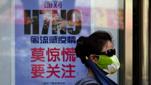 ON ALERT. A woman wears a face mask as she walks past a poster showing how to avoid the H7N9 avian influenza virus, by a road in Beijing on April 24, 2013. Photo by AFP / Wang Zhao