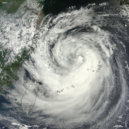 A natural-color image of typhoon Haikui, taken by the Moderate Resolution Imaging Spectroradiometer (MODIS) on NASA’s Terra satellite, August 6, 2012. NASA image courtesy Jeff Schmaltz, LANCE MODIS Rapid Response Team at NASA GSFC