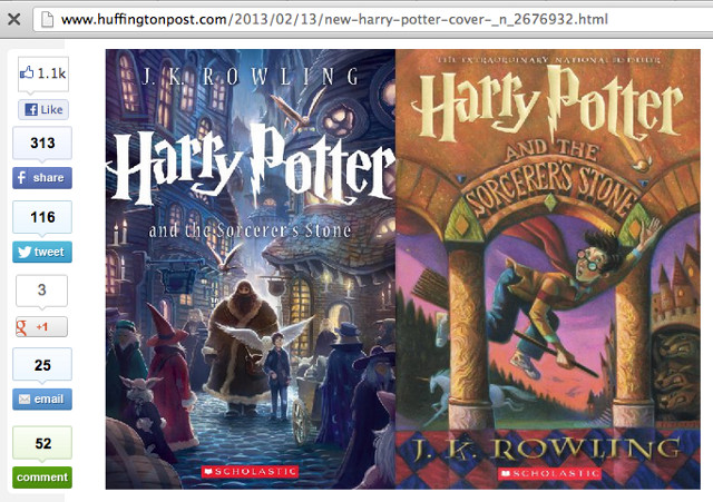 NEW AND OLD. Kazu Kibuishi's cover sits beside Mary GrandPre's original cover for Scholastic. Screen shot from www.huffingtonpost.com