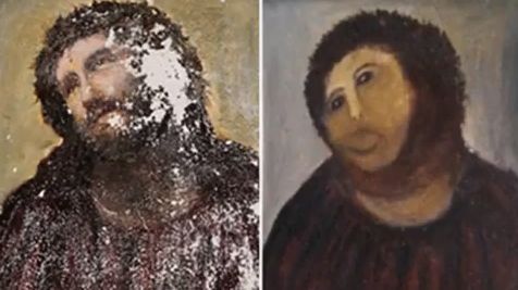ECCE HOMO (Behold the Man) original (left) and 'restored' (right). Screen grab from YouTube (19of74)