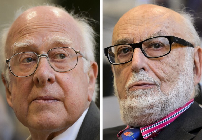 NOBEL LAUREATES. A combo of recent pictures taken on July 4, 2012 at European Organization for Nuclear Research (CERN) offices in Switzerland shows British theoretical physicist Peter Higgs (L) and Belgian theoretical physicist Francois Englert. AFP / Fabrice Coffrini