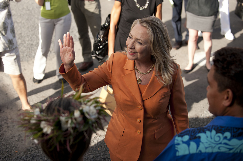 U.S. Secretary of State Hillary Rodham Clinton waves at the Pacific Islands Forum in the Cook Islands, August 31, 2012. State Department photo by Ola Thorsen/ Public Domain