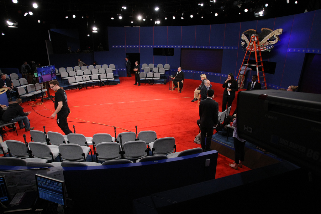 Final preparations are being made for the stage of the second US Presidential Debate at Hofstra University in New York state, October 15, 2012. Photo courtesy of Hofstra University.