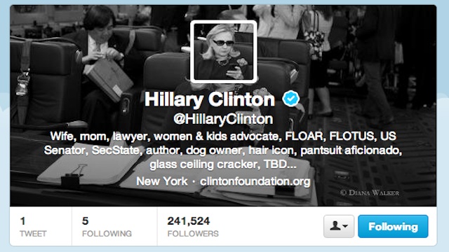 NOW TWEETING: HILLARY. Screenshot of the Twitter profile of former US Secretary of State Hillary Clinton.