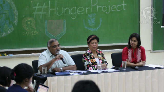 HUNGER AWARENESS. (L-R) WFP country director Praveen Agrawal, DSWD secretary Dinky Soliman, and CamSur representative Leni Robredo lead the discussion on eliminating hunger in the Philippines. All photos from Rappler