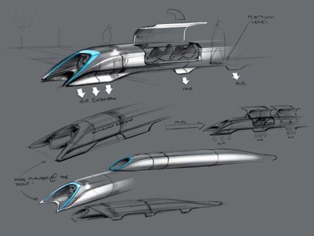 TRANSPORT OF THE FUTURE? Hyperloop passenger transport capsule conceptual design sketch. Image courtesy SpaceX
