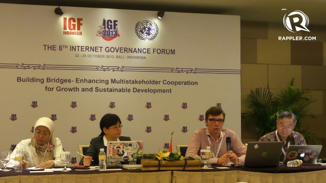 MAXIMIZING INTERNET. Speakers from Indonesian civil society, Google and the International Telecommunication Union talk about maximizing the use of the Internet for disaster response at an IGF workshop. Photo by Rappler/Ayee Macaraig 