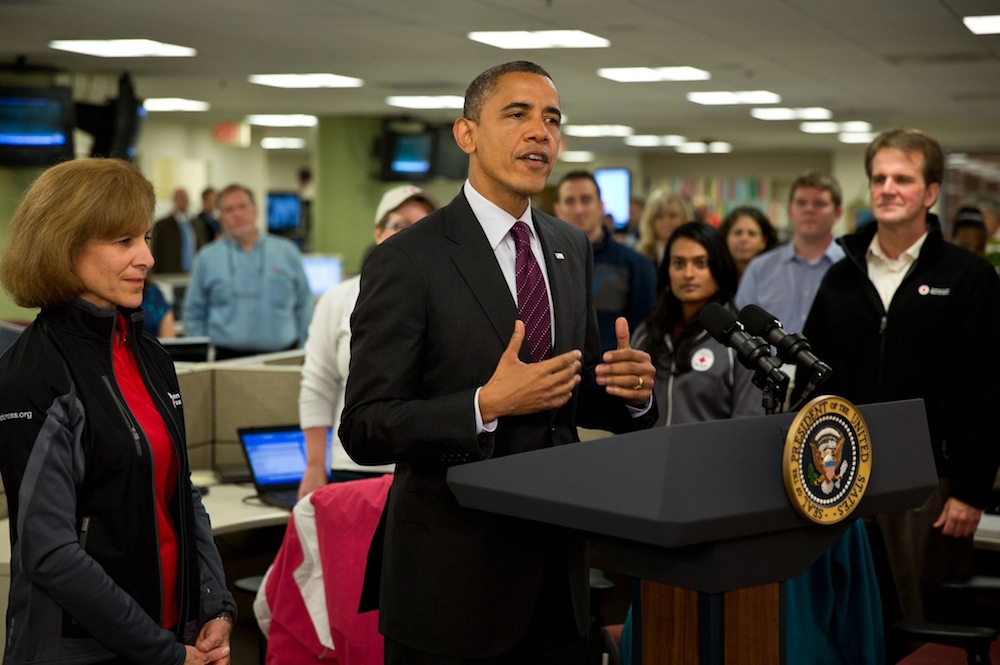 Caption: 'WE WILL NOT QUIT' US President Barack Obama speaks at the American Red Cross Disaster Operations Center, October 31,2012. Source: Official White House Photo.
