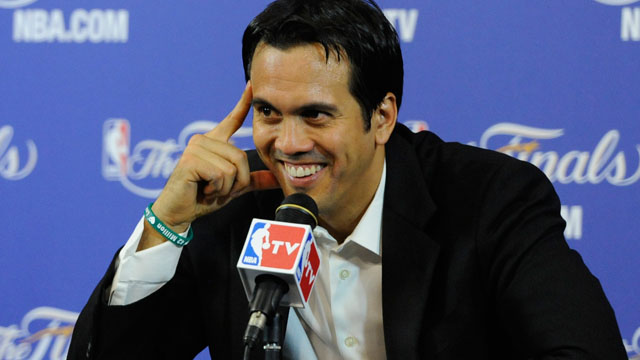 ECSTATIC. Spoelstra smiles after surviving a tough outing. Photo by EPA/Rhona White.