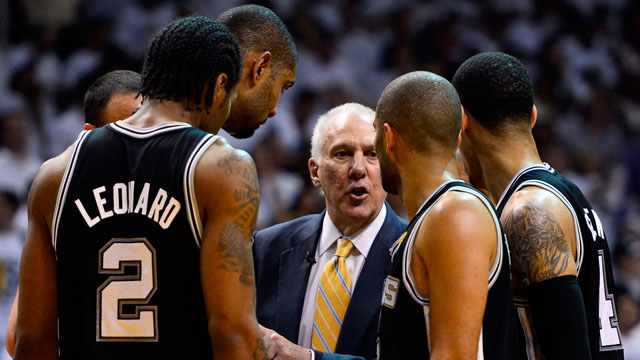 DRAWING BOARD. Popovich in a huddle with his Spurs. Photo by EPA/Larry Smith.