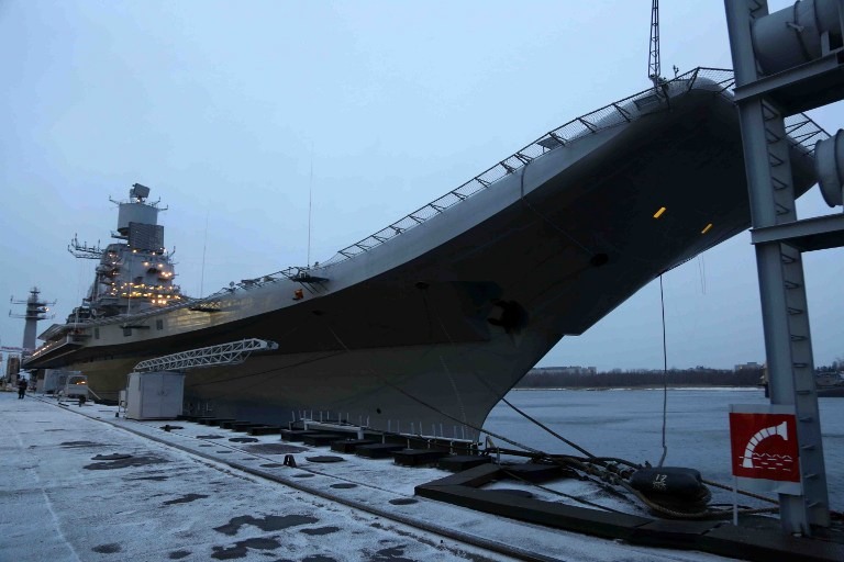 NEW INDIAN CARRIER. Aircraft carrier INS Vikramaditya, which was commissioned into the Indian Navy on November 16, 2013, is pictured at the Sevmash Shipyard in Severodvinsk. AFP/Defense Ministry