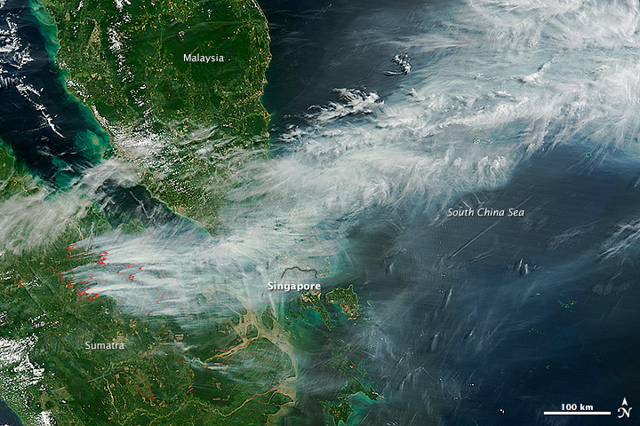 HAZARDOUS HAZE. Smoke from forest fires in Sumatra, Indonesia, blowing east at 3:30 Universal Time (11:30 a.m. local time), June 19, 2013. Photo courtesy of NASA/Jeff Schmaltz, LANCE/EOSDIS Rapid Response